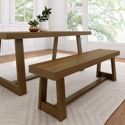 60-Inch Solid Wood Farmhouse Dining Bench, Pecan Wirebrush Finish