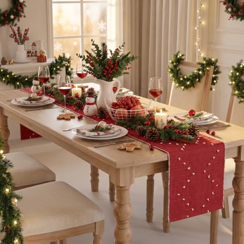Artoid Mode Red Farmhouse Rustic Cotton Woven Table Runner 12x120 Inch Holiday Decor