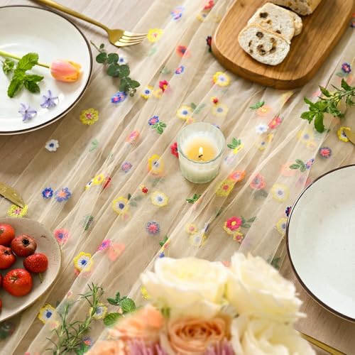 Embroidered Daisy Gauze Table Runner, 120-Inch Sheer Dining Table Decor