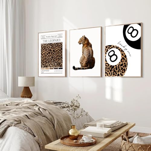 Leopard Wall Art Set of 3 Lucky 8 Ball Prints Preppy Room Decor