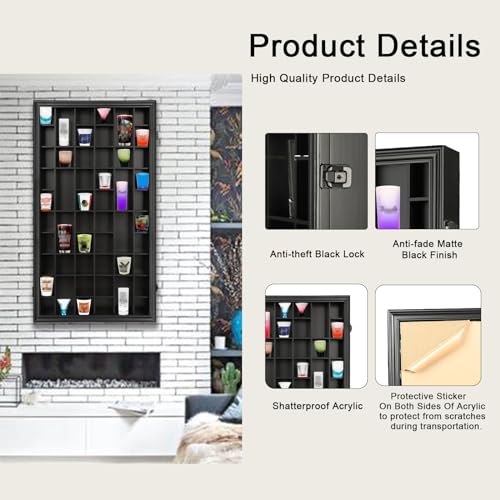 52-Slot Shot Glass Display Case, Wall-Mount Lockable Wooden Cabinet