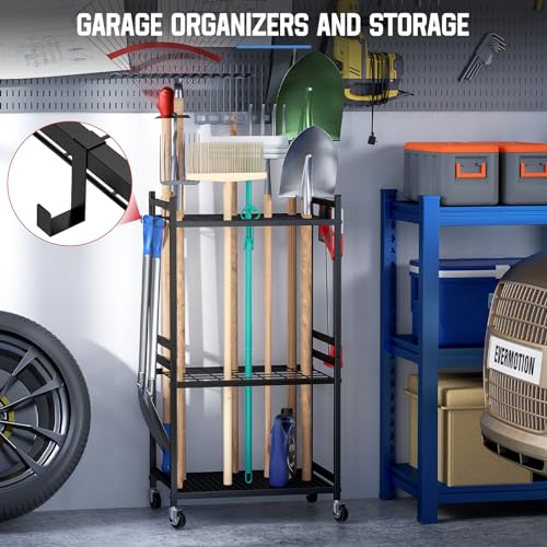 Garden Tool Organizer Rack with Wheels for Garage Storage 35 Slots