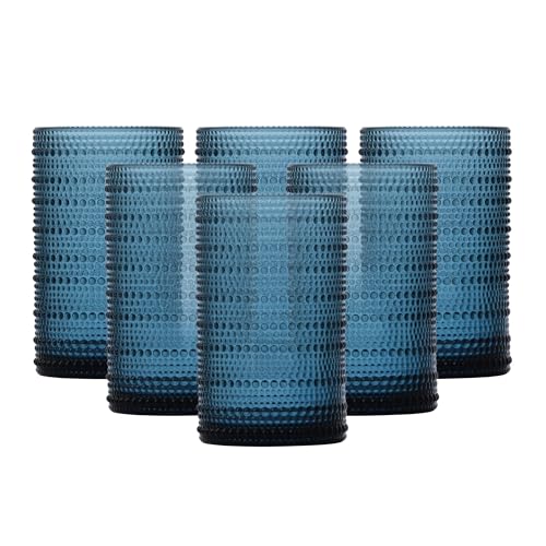 Hobnail Beaded Glassware Set, 13 Oz Vintage Iced Beverage Glasses, Blue (6)