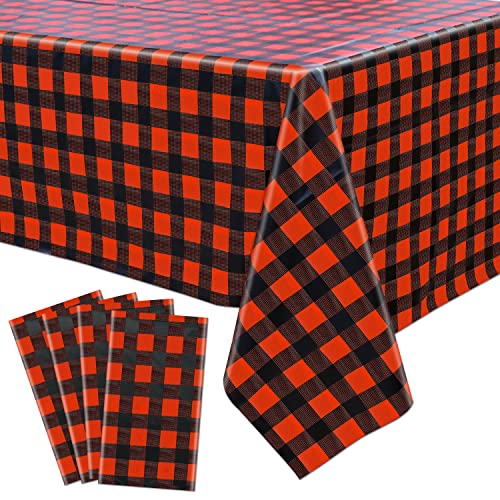 Red & Black Buffalo Plaid Tablecloths 4 Pack 51x86in - Disposable Plastic Party Table Cover