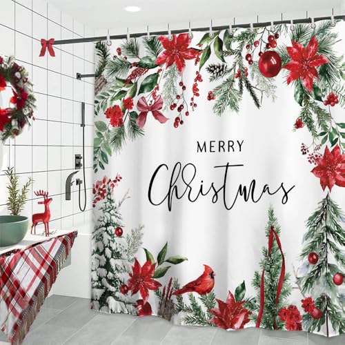 Baccessor Merry Christmas Shower Curtain 72x72 In - Winter Poinsettia & Cardinals Design, Waterproof Polyester