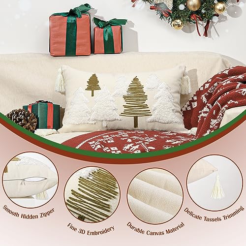 Lewondr Christmas Pillow Cover - Beige Trees, 12x20 Inch, Velvet & Embroidered Design