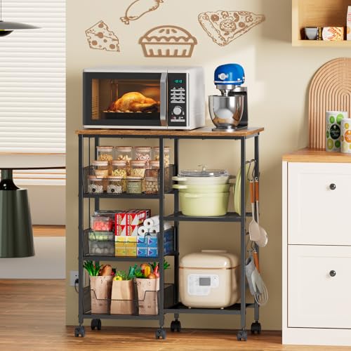 Rolling Kitchen Microwave Cart with Tilt-Out Baskets & Adjustable Shelves