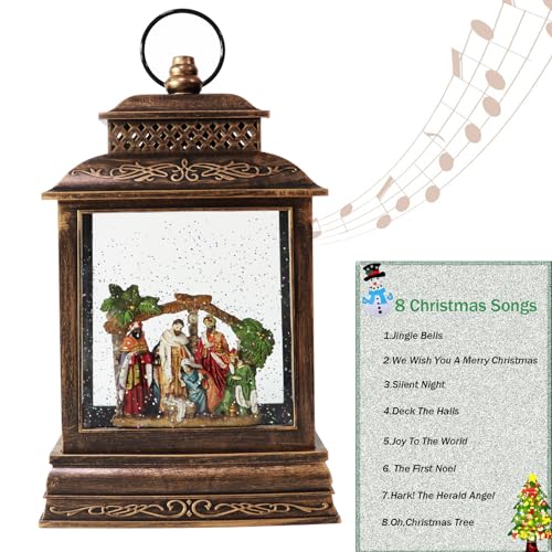 EYZH Christmas Nativity Snow Globe Lantern with 6-Hour Timer, Musical Lighted Nativity Scene, 11.75 Inch USB Decor