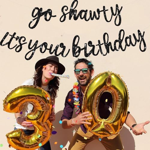 Go Shawty It's Your Birthday Banner - Pre-Strung Black Glitter Party Decor