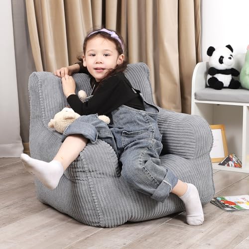 Kids Bean Bag Chair with Plush Teddy Bear - Comfortable Toddler Seat, Grey