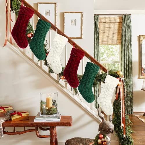 18-Inch Cable Knitted Christmas Stockings - 6 Pack Rustic Holiday Decor