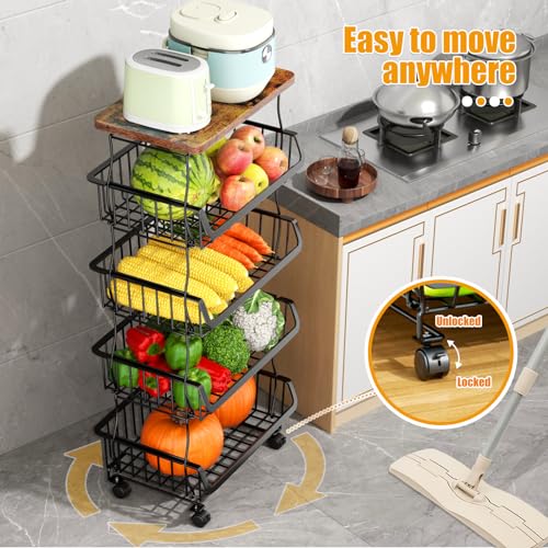 5-Tier Fruit and Vegetable Storage Basket Cart with Wheels & Wood Top