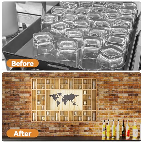 Rustic World Map Shot Glass Display Case - 68-Capacity Wood Wall Shelf