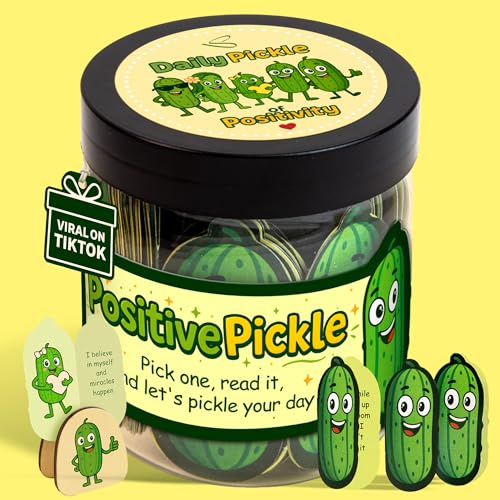 Positive Pickle Jar with 60 Affirmation Cards and Wooden Display Stand