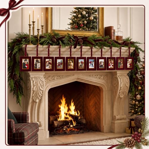 Qunclay Burgundy Velvet Christmas Picture Frame Ornaments Set, 12 pcs