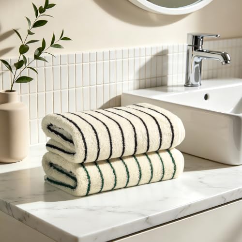 Striped 100% Cotton Hand Towels - Soft & Absorbent Bathroom Set (2 Pack)