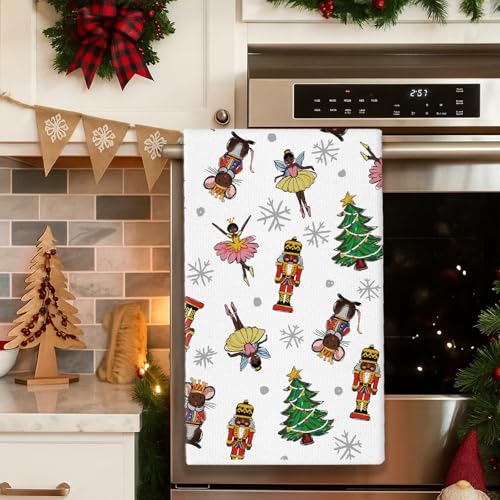 Christmas Kitchen Towels Set of 2 - Black Nutcracker & Santa Holiday Dish Towels