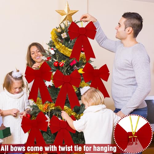 12ct Large 9x12 in Red Christmas Bows with Gold Wire - Indoor/Outdoor PVC Velvet Gift Decor