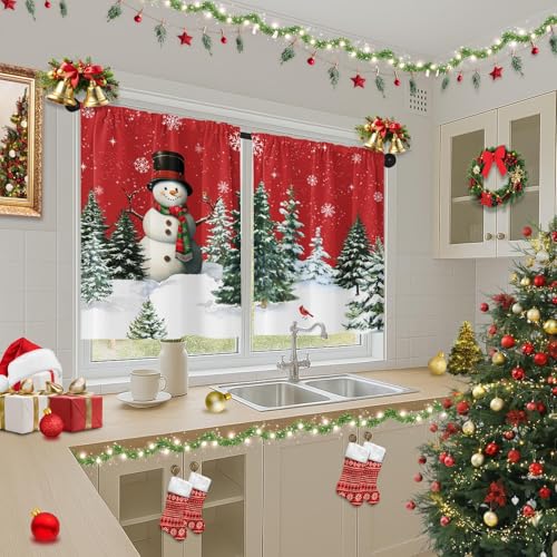 Arttown 2 Pack Christmas Kitchen Curtains 36 in - Winter Snowman