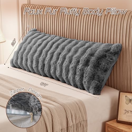 Fluffy Faux Fur Body Pillow for Adults | Adjustable Support, 20x54 Inch
