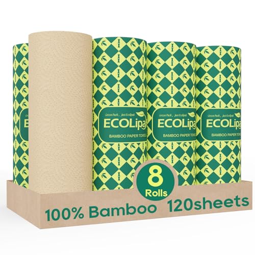 Bamboo Kitchen Paper Towels - 2-Ply Absorbent Tree-Free Towels (8 Rolls)
