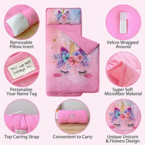 Pink Unicorn Toddler Nap Mat with Removable Pillow and Blanket for Daycare