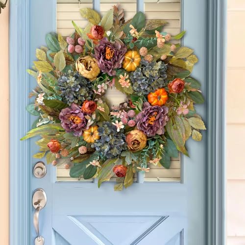 24-Inch Fall Front Door Wreath with Hydrangeas, Peonies, and Pumpkins
