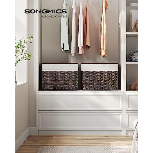 SONGMICS Storage Basket with Lid, 9.2 Gallon (35L) Storage Bin, Woven Blanket Storage Basket with Handles, Foldable, Removable Liner, Metal Frame, for Bedroom, Laundry Room, Brown URST040K01