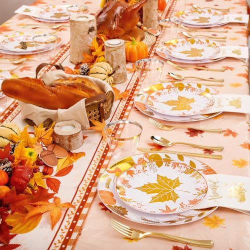 GATHER Thanksgiving Gold Plastic Plates Set with Gold Maple Leaves & Pumpkins