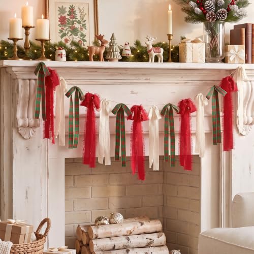 Elegant Christmas Plaid Bow Garland - 6.7ft Red Green Holiday Banner