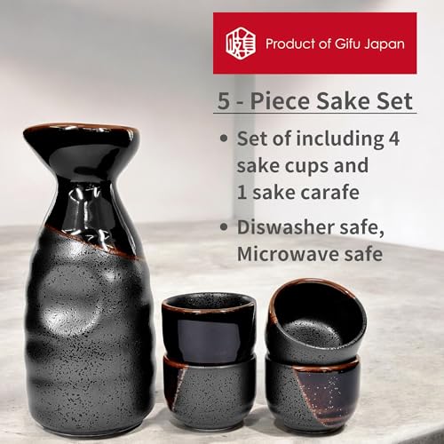 Japanese Sake Set Ceramic 5-Piece Black Kuro Oribe Gifu Japan