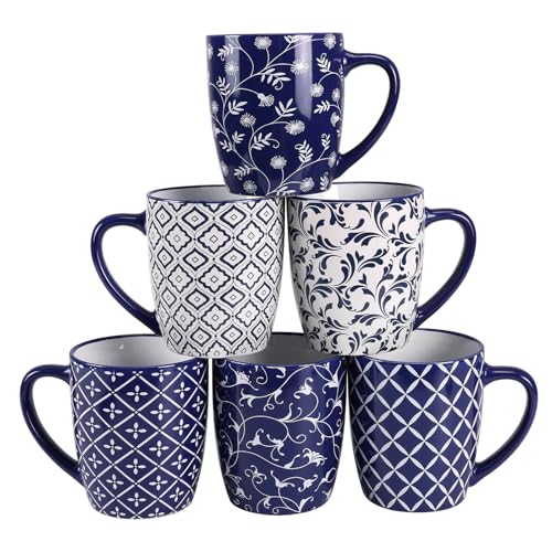 Schliersee 18 OZ Blue Geometric Porcelain Coffee Mug Set of 6 – Large Microwave Safe Drinkware