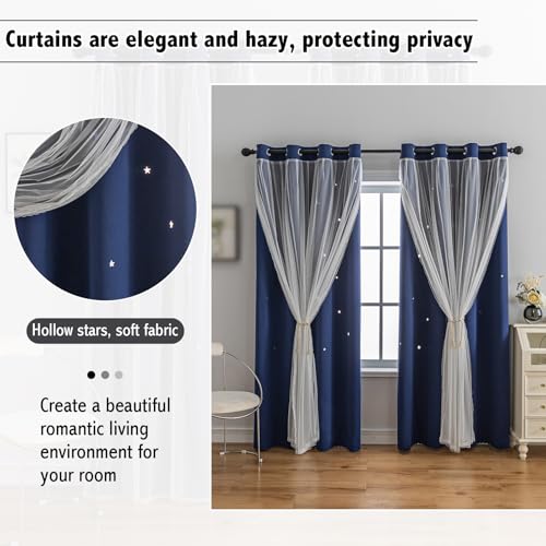 Double-Layer Star Blackout Curtains with Tulle Overlay, Set of 2 Panels