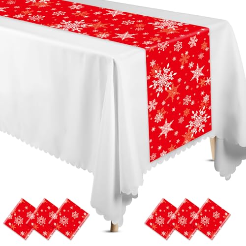 Red Snowflake 6-Pc Plastic Table Runners Set 14x108in for Christmas Party