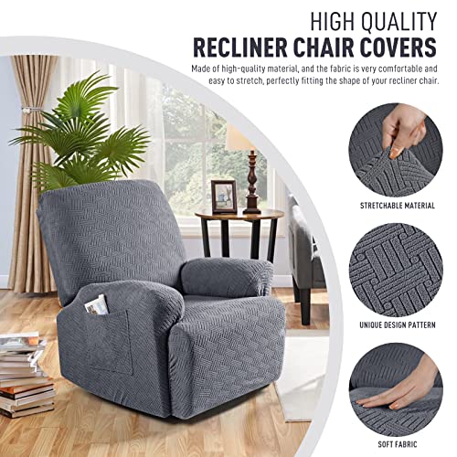 Stretch Recliner Chair Cover - 3-Piece Jacquard Slipcover with Pocket