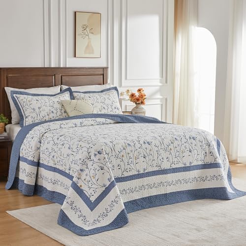 Oversized King Bedspread Set - 100% Cotton Floral Quilt 128x120