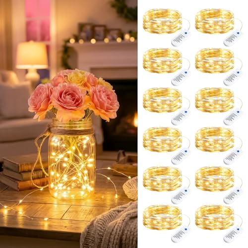 12 Pack Battery Operated Fairy Lights - 8 Modes 7ft Warm White LED String Lights