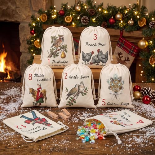 12 Pcs Christmas Countdown Advent Calendar Bags with Vintage Design & Setup Kit