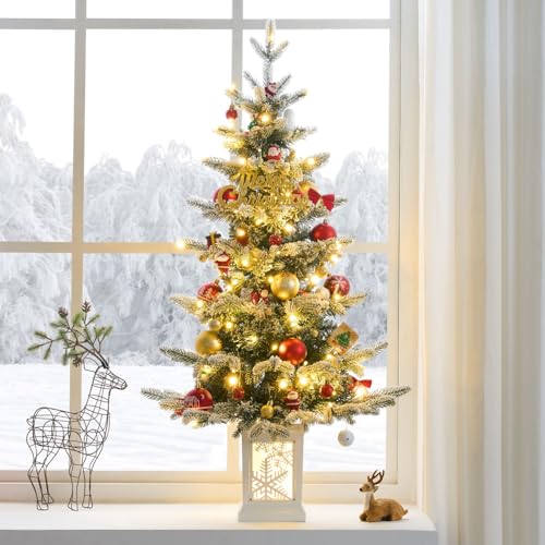 iphlitlvz 2-Pack 3.5ft Snow Flocked Pre-Lit Christmas Tree with Snowflake Base, Battery Operated & Auto Timer