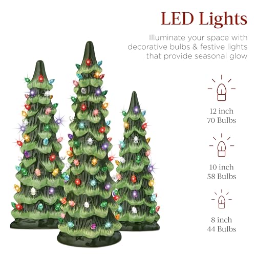 Pre-Lit Ceramic Christmas Trees, Set of 3 Hand-Painted Tabletop Decor
