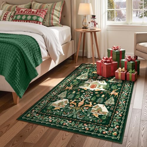 LIVEBOX 4x6 Green Christmas Rug with Santa Deer & Tree, Non-Slip Vintage Indoor Carpet