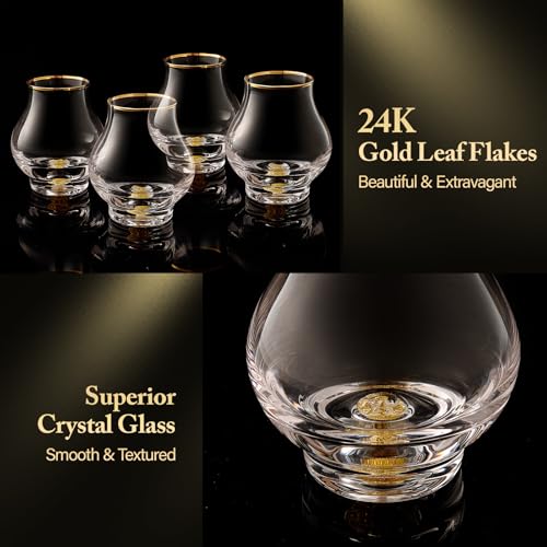 DUJUST 4-Pack Elegant Curvaceous Snifter Glasses Set of 4, 7oz Crystal Whiskey Glass with 24K Gold Flakes, Luxury Brandy & Bourbon Glasses