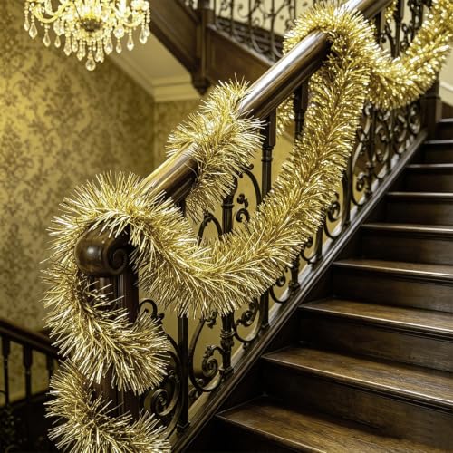 Pale Gold Christmas Tinsel Garland 33 ft - Glitter Foil Twist Garlands for Holiday Decor