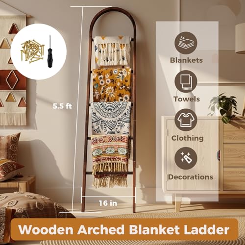 5.5ft Arched Wooden Blanket Ladder, 5-Tier Leaning Storage Shelf