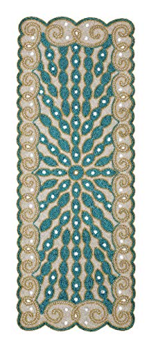 Teal Gold Silver Beaded Table Runner 13x36 Inch Handmade Festive Home Decor