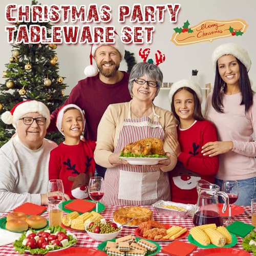 Tiangrid 240Pcs Red & Green Christmas Dinnerware Set - 120 Plates + 120 Napkins, 7in | Red Green Variation