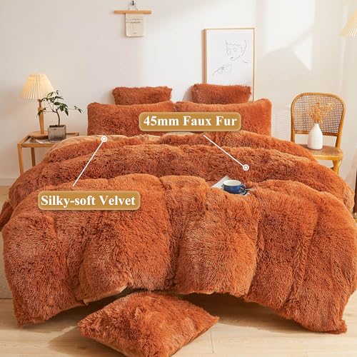 Fluffy Faux Fur Duvet Cover King Size - Burnt Orange Plush Bedding