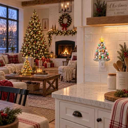 Casafield 6-Inch Silver Ceramic Christmas Tree Night Light with 28 Bulbs & Star Topper