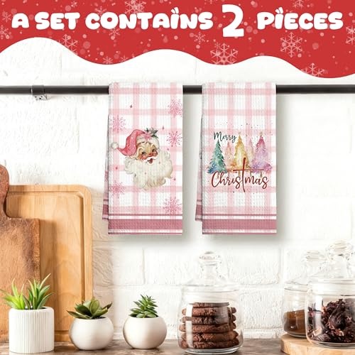 Geuro Pink Christmas Kitchen Towels Set of 2 - Santa & Holiday Design, 16x24 Inch, Festive Home Decor