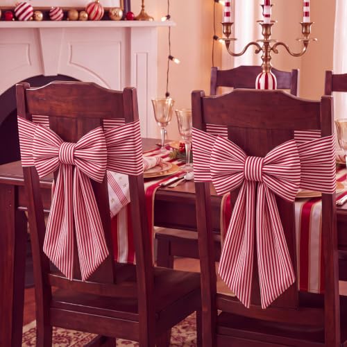 Fanfanwin Christmas Chair Covers Set with Bows - Red & White Stripe Velvet Decor for Dining Chairs